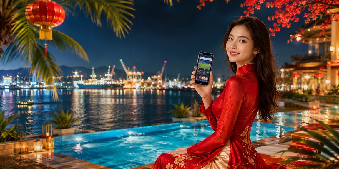 Người phụ nữ mặc áo dài truyền thống Hải Phòng theo dõi cá cược thể thao trực tuyến trên điện thoại