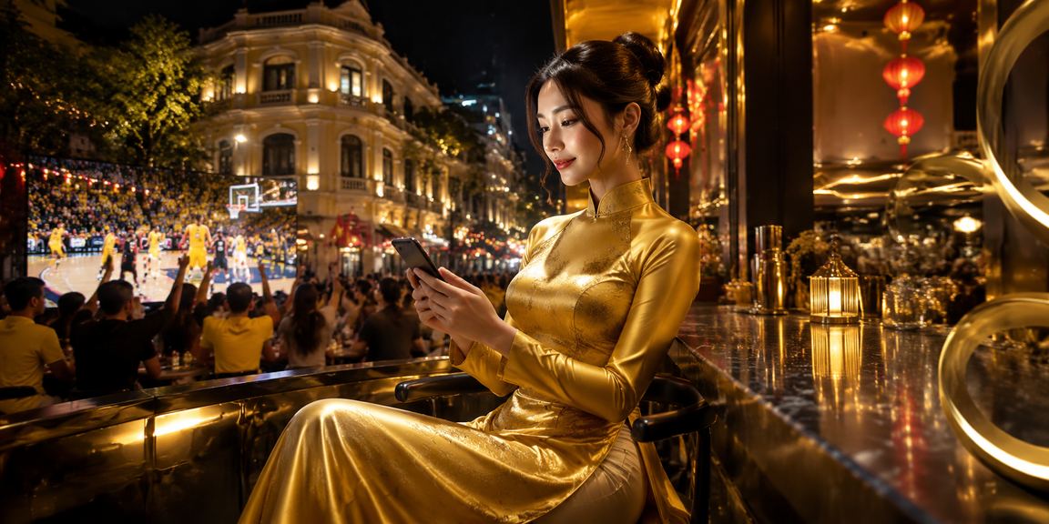 Người phụ nữ mặc áo dài Hà Nội sử dụng ứng dụng di động để đặt cược bóng rổ buổi tối